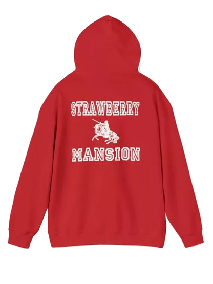 Trendy Strawberry Mansion pullover hoodie in fleece material