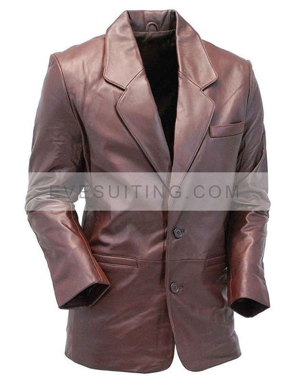 Two Button Chocolate Brown Leather Blazer For Mens