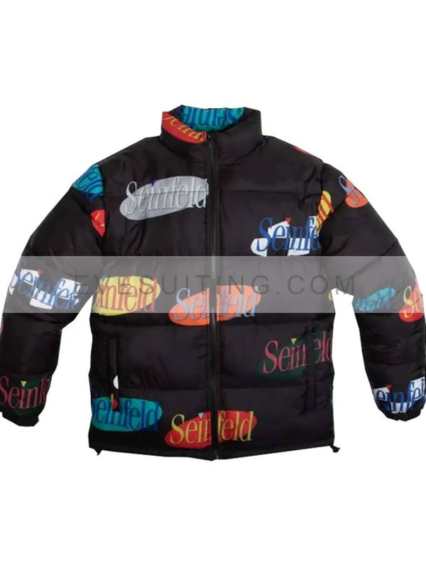Unisex Seinfeld Multi Logo Puffer Black Jacket