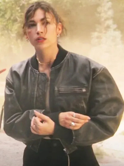 Úrsula Corberó Black Distressed Bomber Leather Jacket