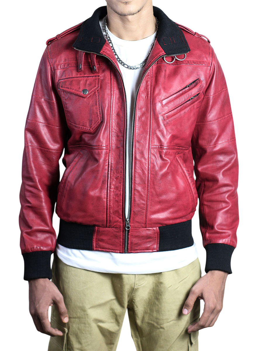 Waxed Red Hooded Bomber Leather Jacket For Men