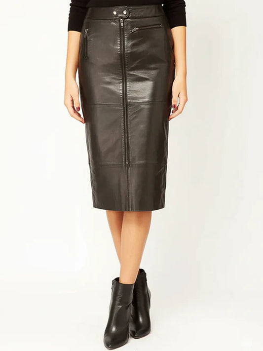 Women's Black Real Leather Midi Skirt