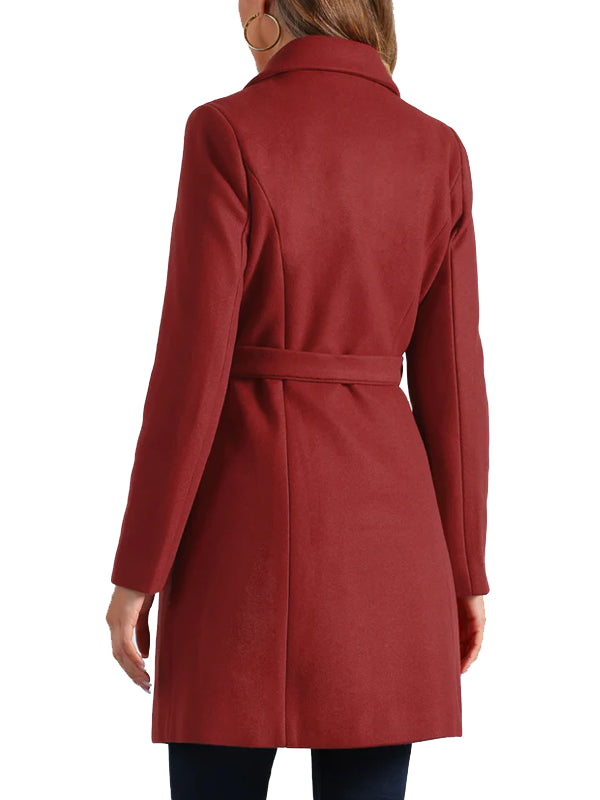 Women's Belted Red Wool Long Peacoat
