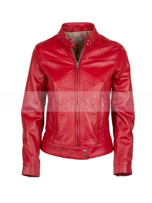 Womens Red Biker Genuine Leather Jacket