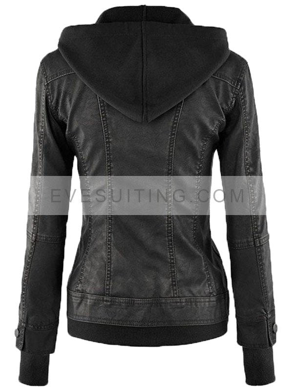 Women’s Biker Black Fitted Leather Hooded Jacket