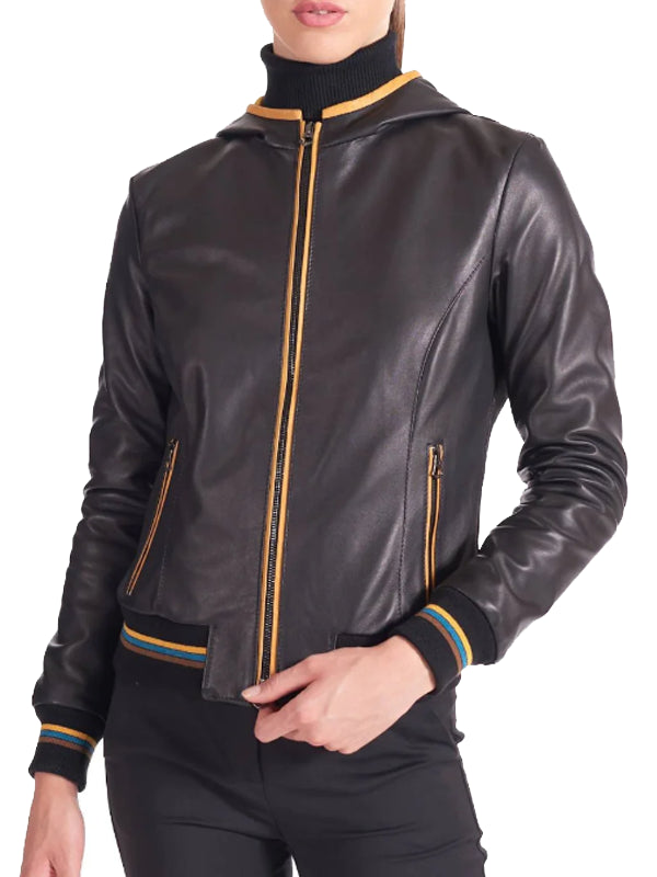 Womens Black Bomber Hooded Biker Leather Jacket