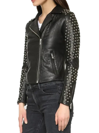 Women’s Black Studded Biker Real Leather Jacket 