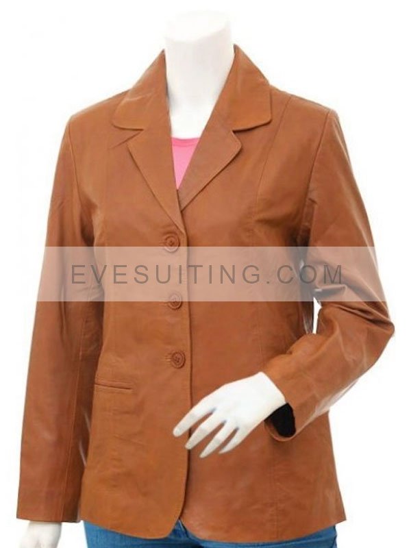 Womens Casual Tan Brown Leather Blazer