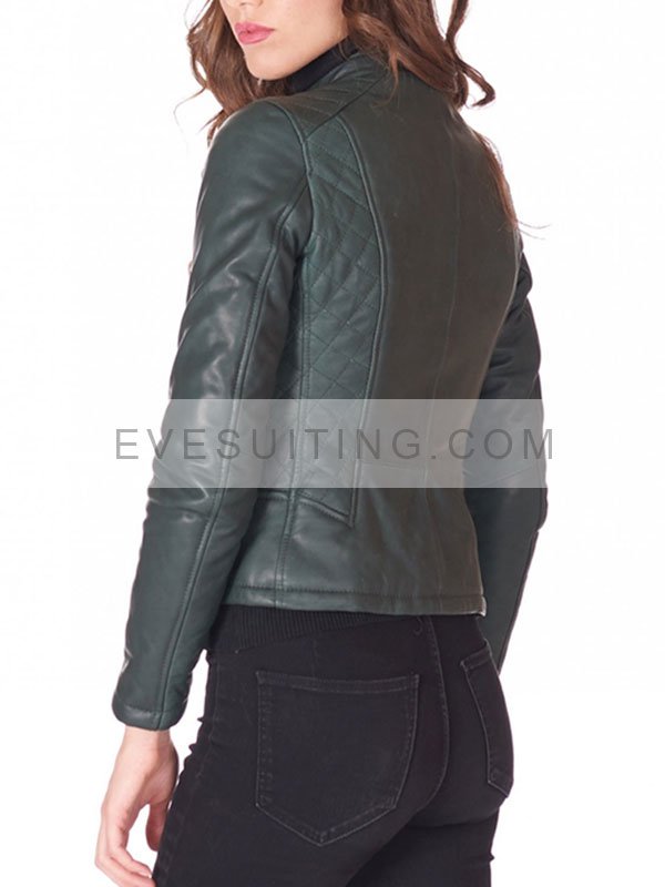 Womens Dark Grey Quilted Zip-Up Style Leather Biker Jacket
