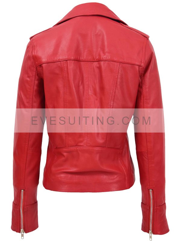 Womens Fitted Style Motorcycle Biker Red Leather Jacket