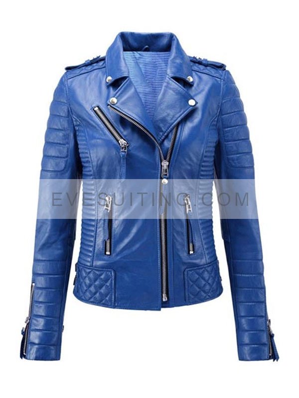 Womens Motorcycle Blue Quilted Leather Jacket