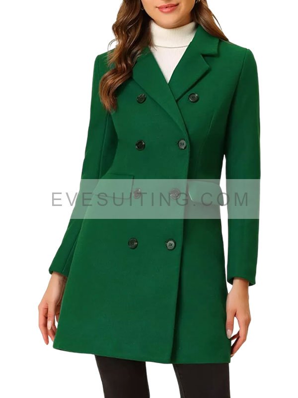 Women's Notch Lapel Green Wool Coat