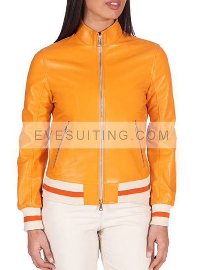 Womens Orange Bomber Leather Jacket