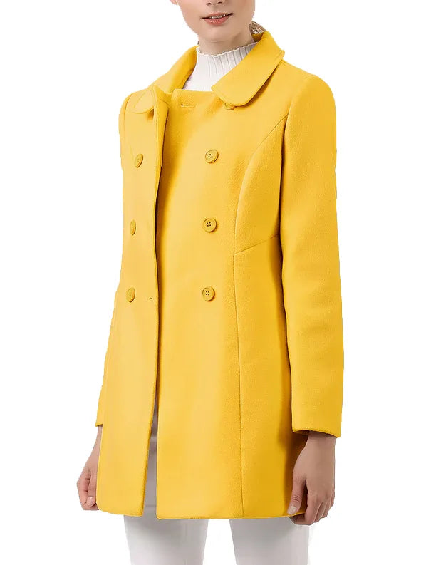 Women's Peter Pan Collar Double Breasted Yellow Wool Winter Long Peacoat