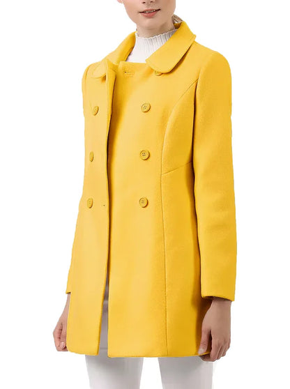 Women's Peter Pan Collar Double Breasted Yellow Wool Winter Long Peacoat