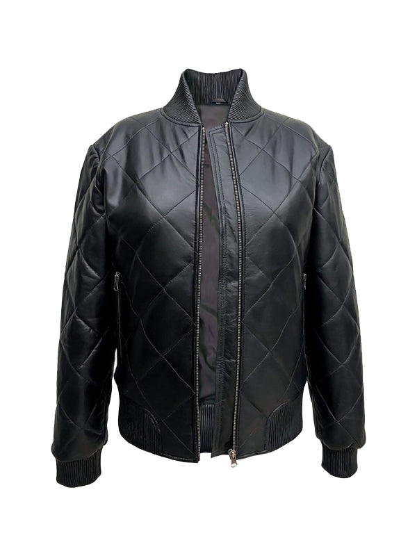 Women's Quilted Black Leather Bomber Jacket