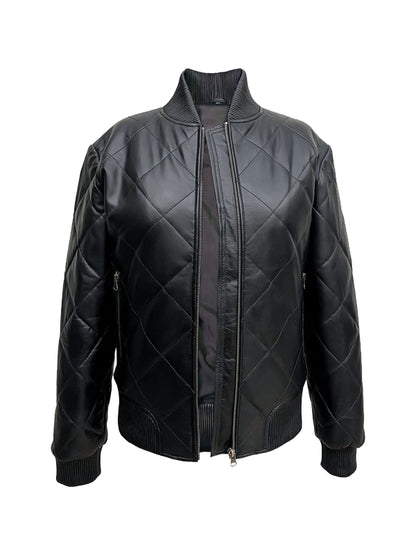 Women's Quilted Black Leather Bomber Jacket