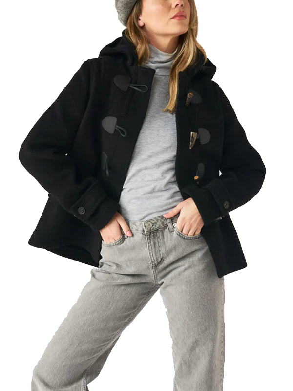 Women's Short Black Wool Hooded Duffle Coat