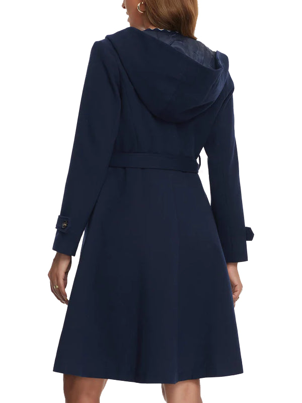 Women's Single Breasted Blue Wool Hooded Long Peacoat