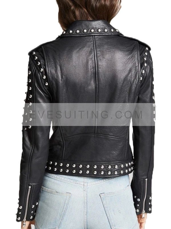 Women's Studded Biker Black Leather Jacket 