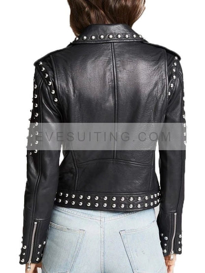 Women's Studded Biker Black Leather Jacket 