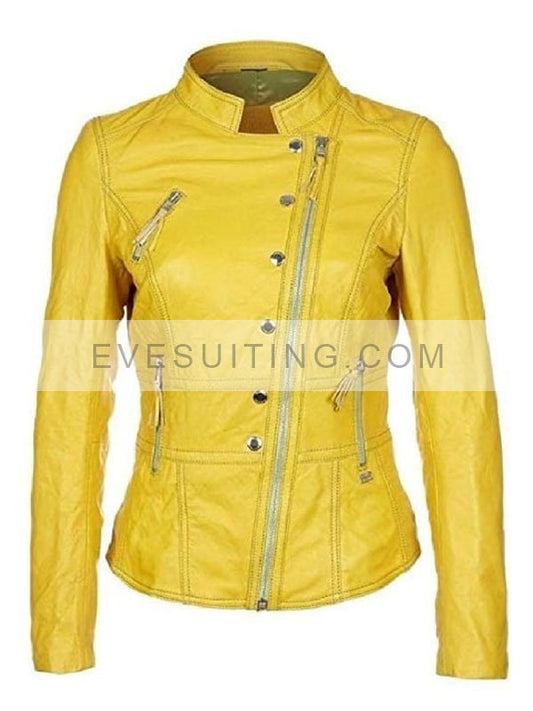 Womens Stylish Yellow Lambskin Leather Motorcycle Jacket