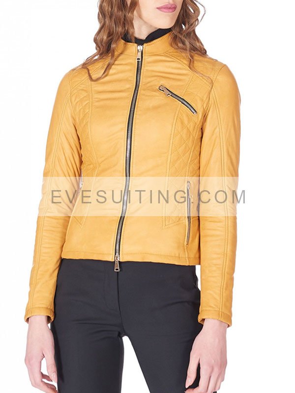 Womens Yellow Biker Quilted Leather Jacket