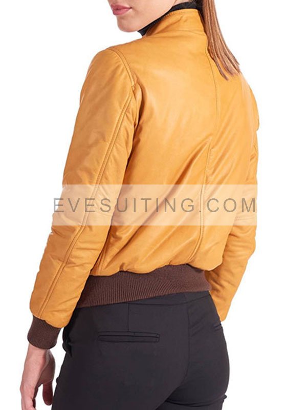 Womens Yellow Zipper Stylish  Bomber Leather Jacket