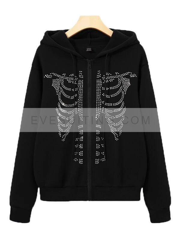 Y2k Rhinestone Skeleton Black Hoodie