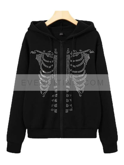 Y2k Rhinestone Skeleton Black Hoodie