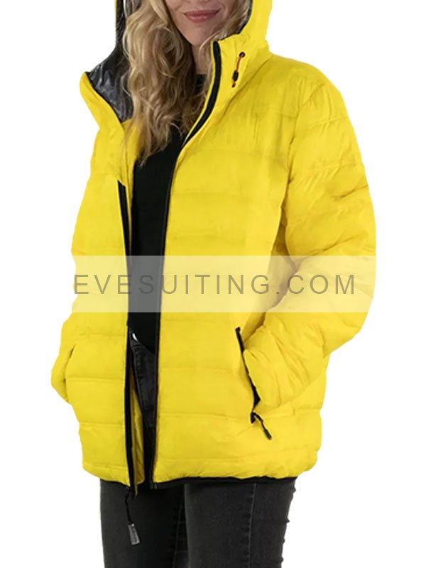 Yellow Puffer Hooded Jacket For Women's