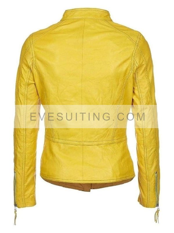 Yellow Stylish Lambskin Biker Leather Jacket For Womens