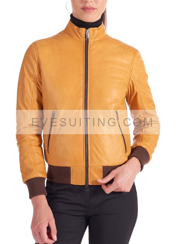 Womens Yellow Zip-Up Stylish Leather Bomber Jacket