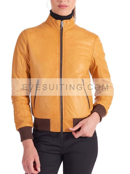 Womens Yellow Zip-Up Stylish Leather Bomber Jacket