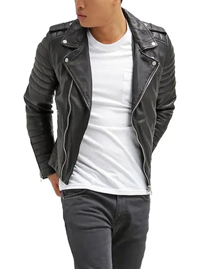 black leather padded motorcycle jacket for men