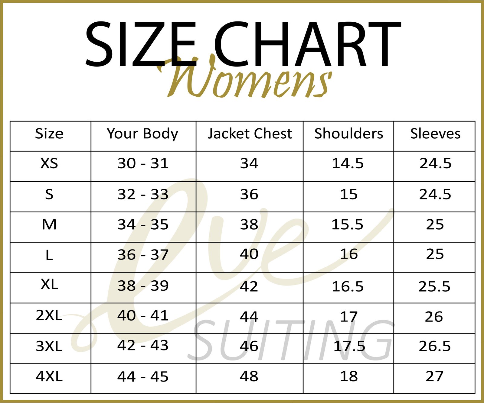 Size Chart Eve Suiting