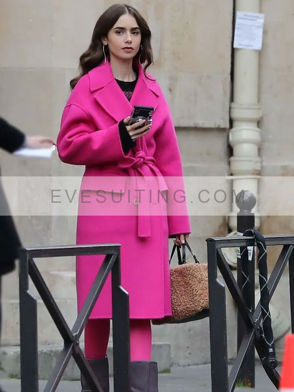 Lily Collins Emily In Paris Pink Wool Coat
