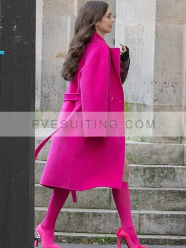 TV Series Emily in Paris Emily Cooper Pink Trench Wool Coat