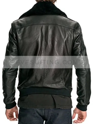 Men Air Force Black Bomber Leather Jacket With Fur Collar