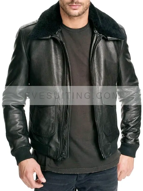 Men Black Fur Collar Bomber Leather Jacket