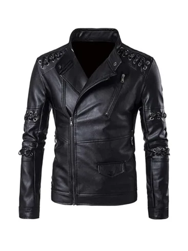 Men Moto Style Black Leather Jacket