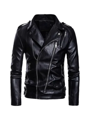 Men Slim Fit Black Leather Motorcycle Jacket