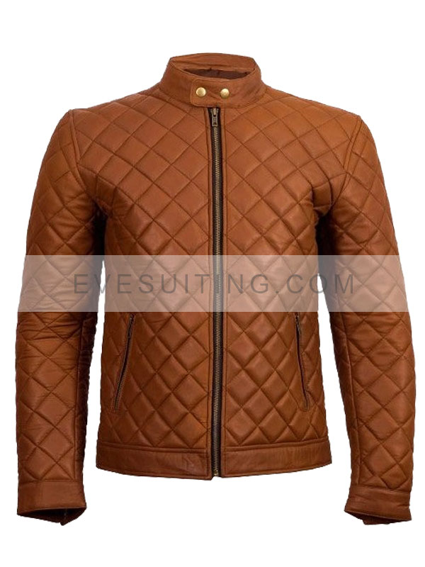 Mens Quilted Cafe Racer Leather Jacket