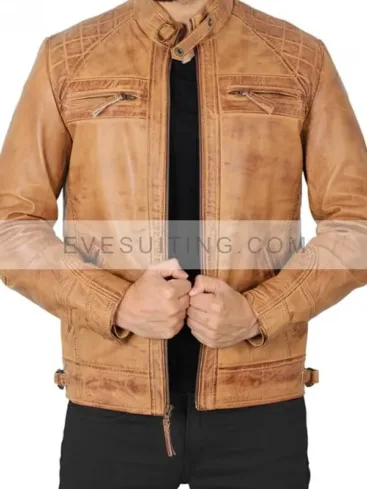 Tan Brown Hand Waxed Motorcycle Leather Jacket For Men