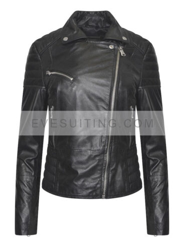 Women Biker Leather Motorcycle Jacket In Black Color