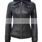 Women Removable Hooded Leather Bomber Jacket