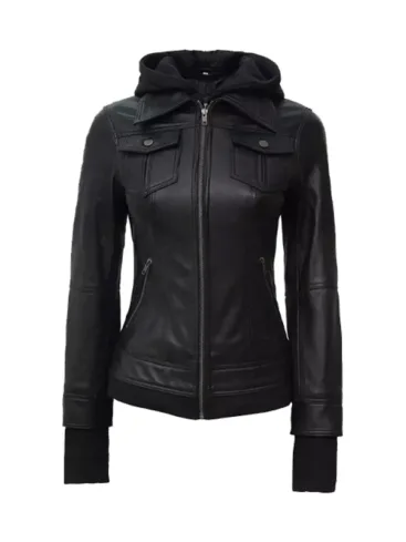 Women Removable Hooded Leather Bomber Jacket