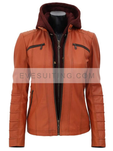 Amelia Orange Hooded Leather Jacket For Womens