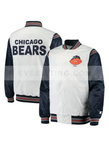 Chicago Bears White and Black Satin Bomber Varsity Starter Jacket