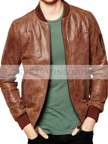 Mens Waxed Dark Brown Leather Bomber Jacket